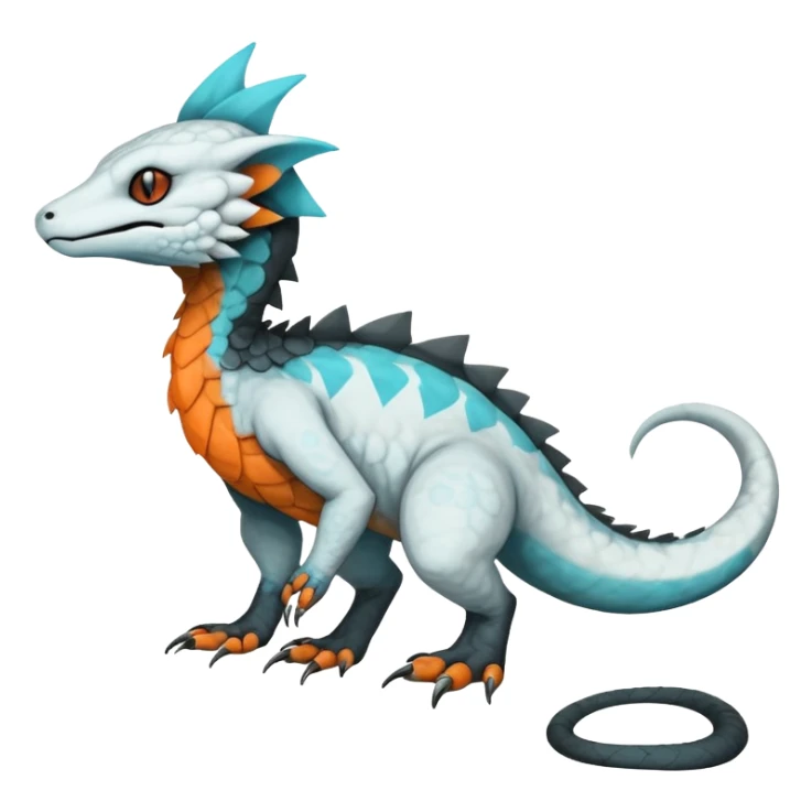 Rare realistic exotic cute white gloomy whitish and orange and cyan epic pretty beautiful handsome gorgeous aesthetic colorful vibrant Vernid-Trico-species-Fakemon-Salandit-hybrid-creature by LiLaiRa, 4 legs, 1 tail, random markings, (full body) sticker