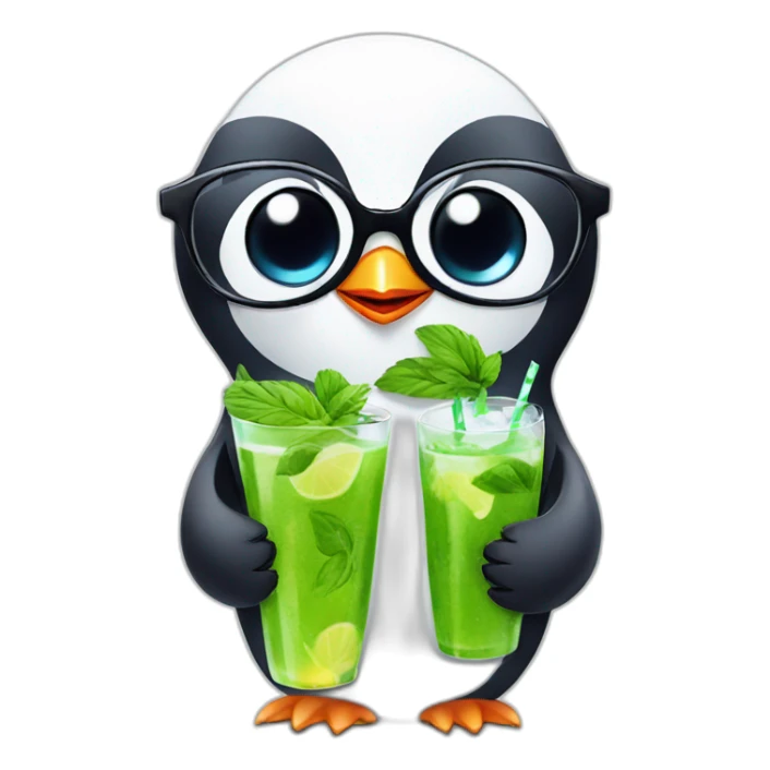 baby penguin with big glasses drinking mojito sticker