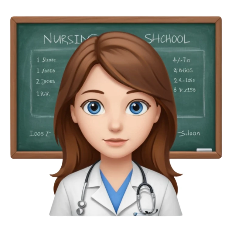 university classroom that says nursing school on the blackboard with a pretty female nursing student with long brown hair, blue eyes sticker