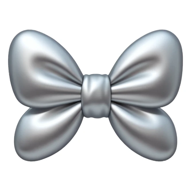 A cute bow emoji made of polished silver chrome, smooth rounded loops, glossy metallic surface, soft mirror reflections, subtle highlights, minimal and adorable proportions, iOS emoji style, centered composition, clean white background, soft studio lighting, no text, no outline, ultra high quality sticker