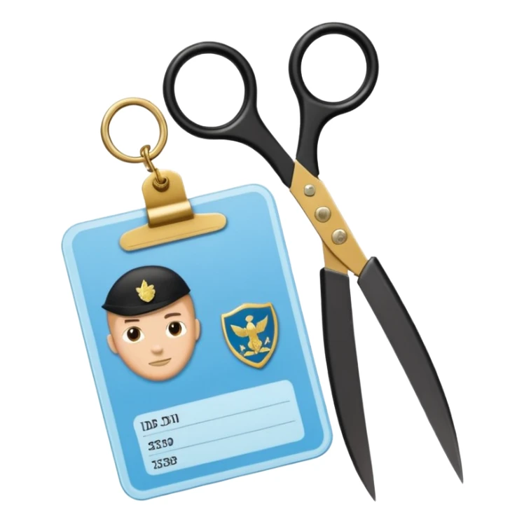 Floating black Scissors cutting in half a light blue idf soldier ID card with golden chip in 2 parts .hyper realistic sticker