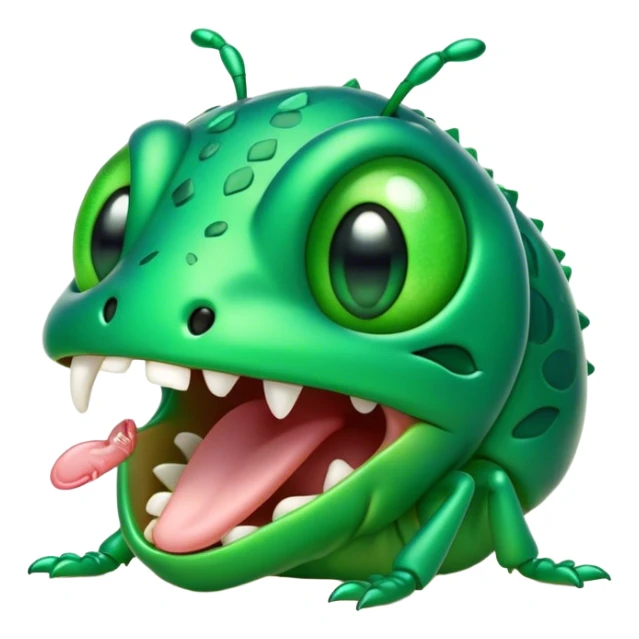 Cinematic Cute Yawning Green Bugdie Portrait Emoji, Head tilted slightly with a dramatic, wide-open yawn, showcasing a smooth, vibrant emerald exoskeleton with delicate patterns and tiny drooping antennae, round multifaceted eyes barely open in drowsy contentment, Simplified yet irresistibly adorable features, highly detailed, glowing with a soft, cozy glow, high shine, relaxed yet expressive, stylized with a touch of whimsy, bright and endearing, soft glowing outline, capturing the essence of a sleepy yet endearing insect, so drowsy it feels like it could stretch out of the screen and curl up for a nap! sticker