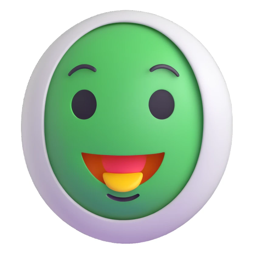 3D smiley emoji, round shape, student working in lab, white coat, green color, curious face sticker