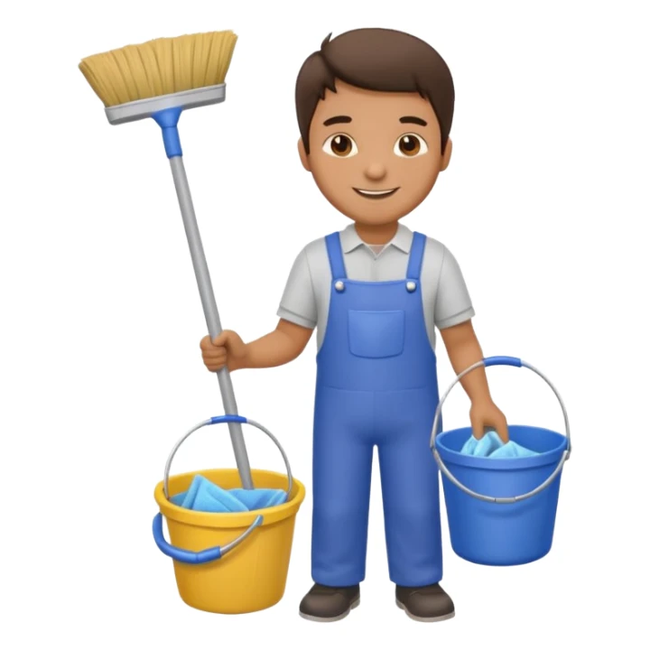 man in cleaning clothes, holding a broom and a bucket sticker