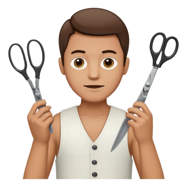 A man in a white vest with a pair of scissors sticker