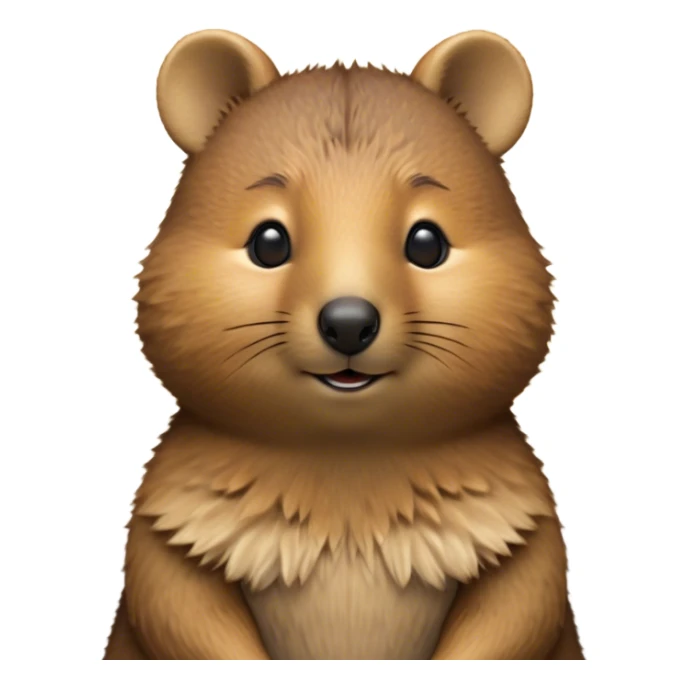 Cinematic Noble Quokka Portrait Emoji, Poised and regal, with a compact, endearing build and a smooth, well-groomed brown fur that glows with a hint of golden warmth, deep-set soulful eyes radiating kindness, Simplified yet sharp and sophisticated features, highly detailed, glowing with a soft, dignified glow, high shine, intelligent and joyful, stylized with an air of marsupial charm, focused and attentive, soft glowing outline, capturing the essence of a watchful and confident quokka, so majestic it feels as though it could bounce out of the screen with effortless authority! sticker