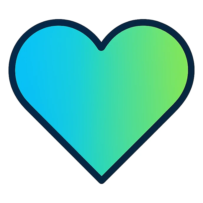 Create a modern icon style gradient heart icon blending blue and green with clean lines, no text. sticker