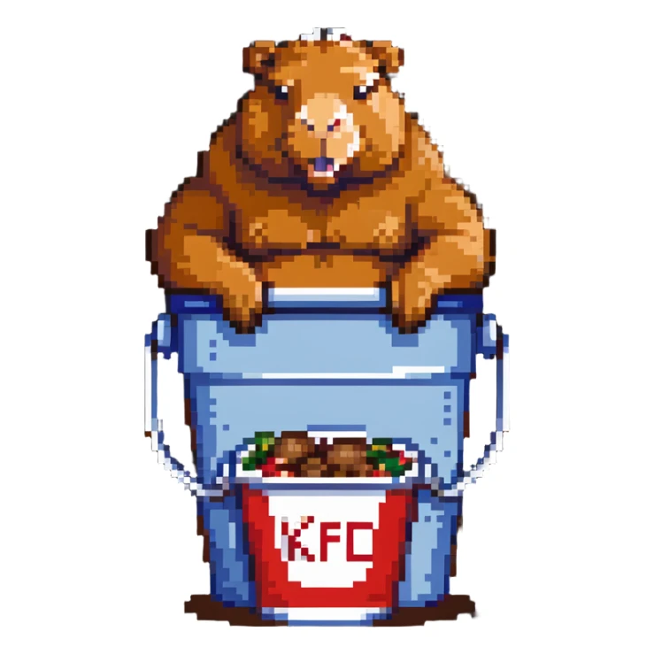 Buff capybara with huge muscles sitting in a KFC bucket sticker