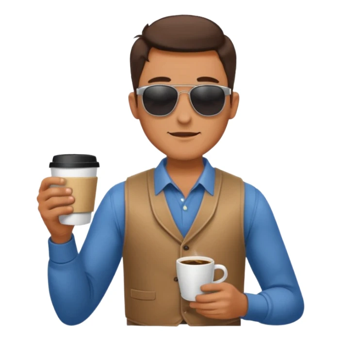 Man in vest, holding coffee, wearing sunglasses sticker