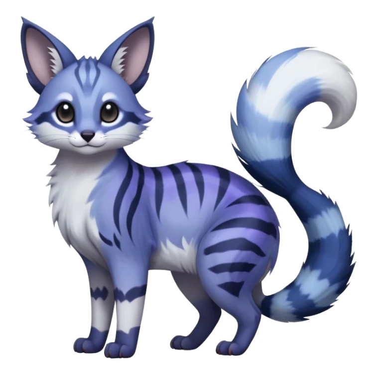  dull-colored gloomy-dark-deep-grayish-indigo-violet-gradients ghostly spectral spooky fur with random dark markings beautiful elegant pretty precious cute  Fakémon-Pokémon-opossum-feline-serval-caracal-chinchilla-Minccino-hybrid-creature with a big fluffy bushy striped tail (full body) sticker