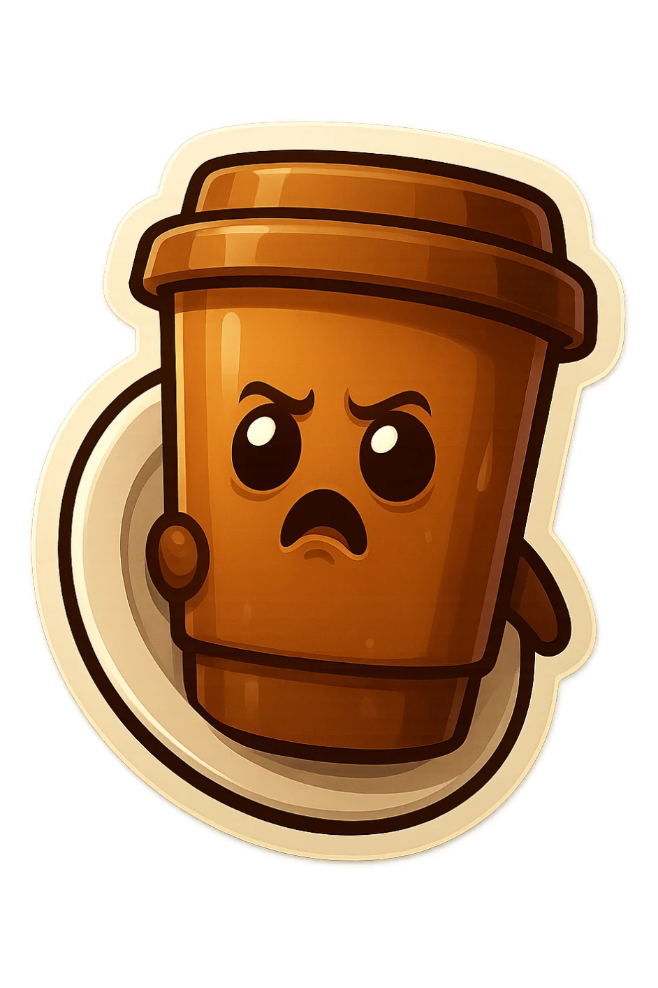 Tall coffee cup, dramatic, hiding, behind plate sticker