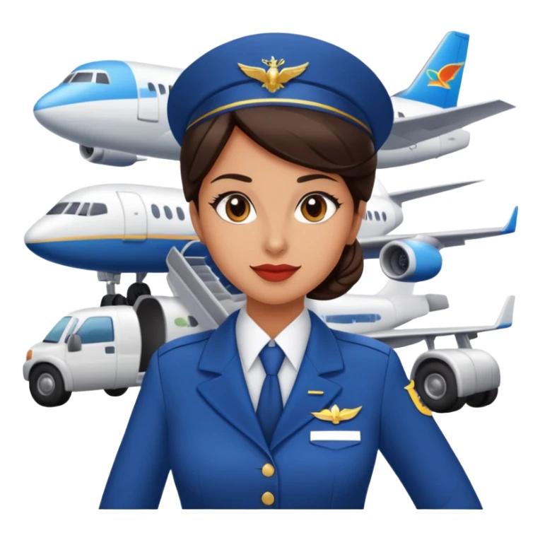 Brunette flight attendant in front of a plane sticker