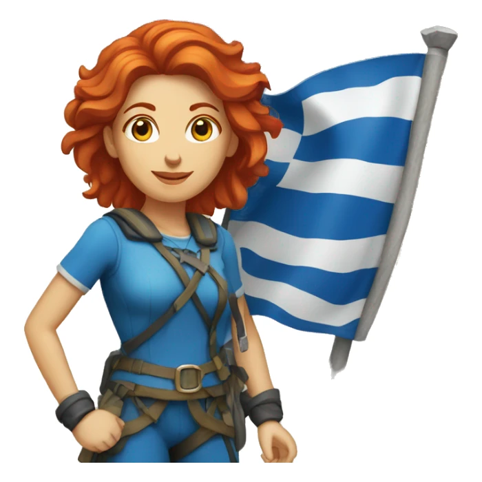 a red hair female mountaineer summitting with greek flag sticker