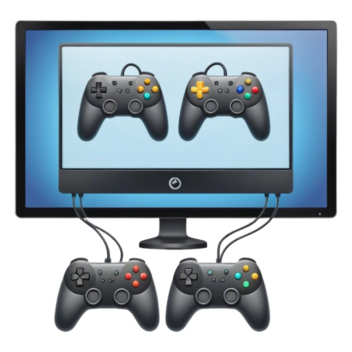 An icon showing two monitors with gaming interfaces, connected by a wire. Each monitor displays a different game screen, with two gamepads placed nearby, symbolizing multiplayer gameplay. transparent background. sticker