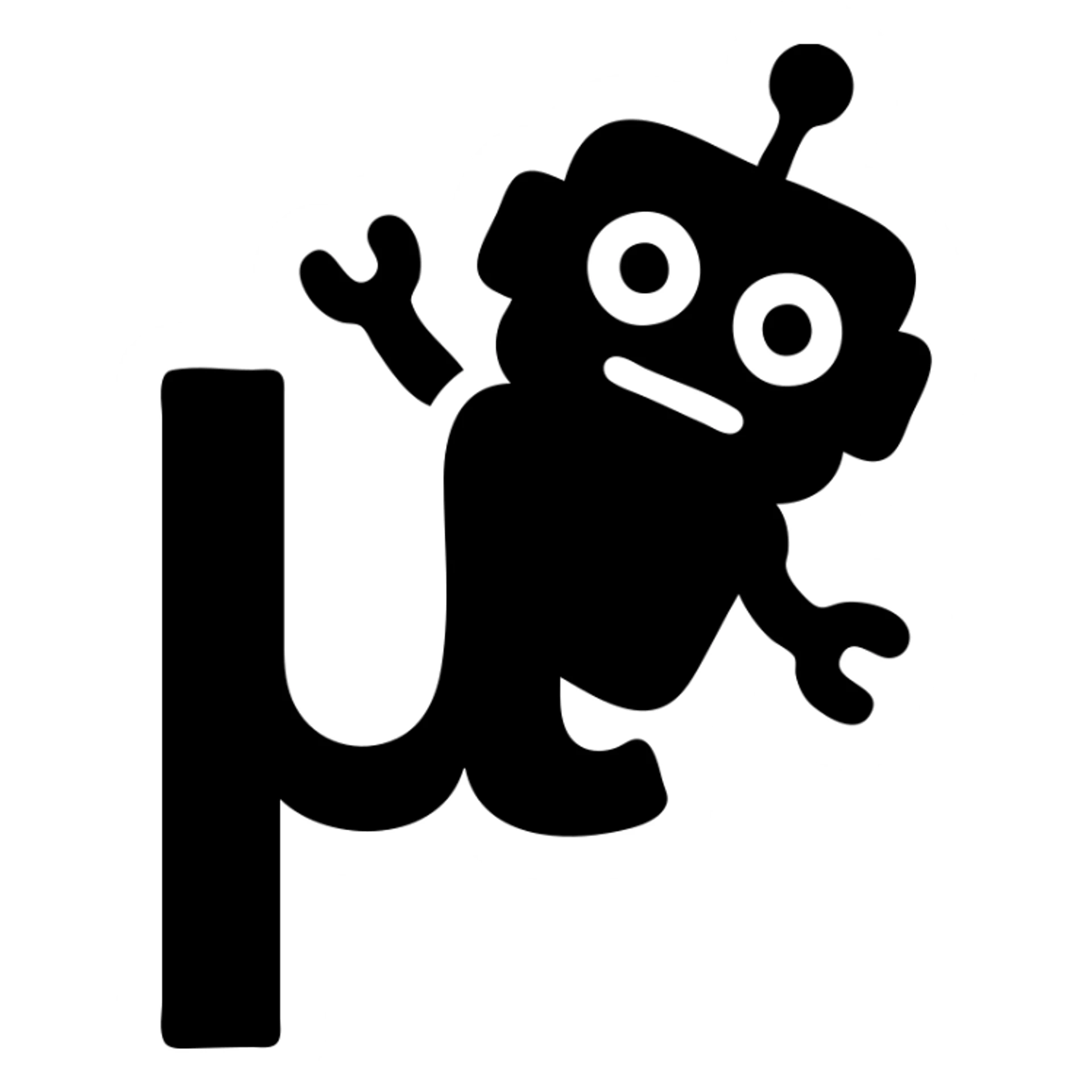 solid icon of a blue lowercase mu with a playful toy robot peeking from behind sticker
