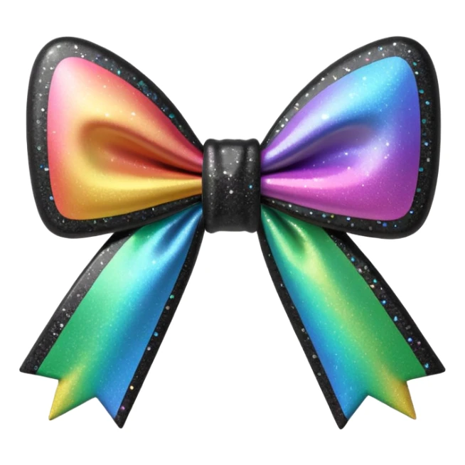 masterpiece,8000x8000px, 8k quailty, no background. 3D rendering, isolated bow in black holographic glitter with a slight rainbow glitter effect cartoon 3D emoji concept render, close-up, facing forward, matte finish, 3D emoji render, app icon, new iOS 18.4 style, glossy sticker