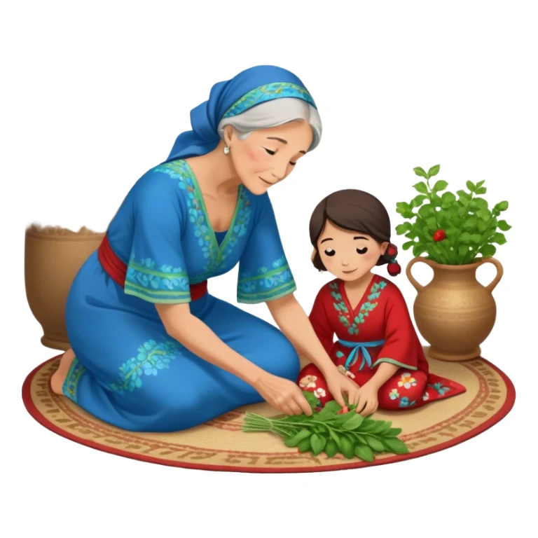intergenerational moment between a grandmother and her granddaughter, deeply rooted in tradition. The young woman, dressed in a beautiful blue kaftan, sits on the floor carefully picking fresh herbs or greens, while the grandmother, wearing a red headscarf and floral dress, gently guides her. sticker