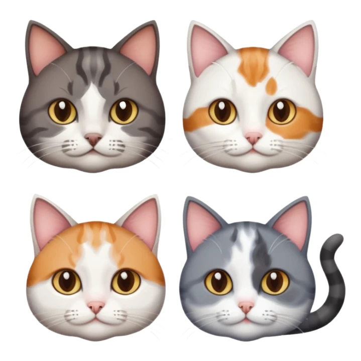 3 different coloured short haired cats including; a dark brown tabby and white cat, and a dark grey and white  sticker