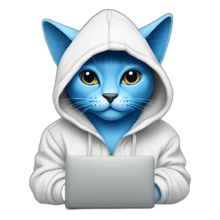 Blue cat in a hoodie hacks system in laptop  sticker