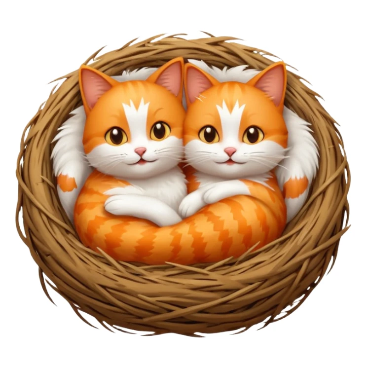 two cheerful cats cuddled together in a bird's nest, emoji style, cute expressions sticker