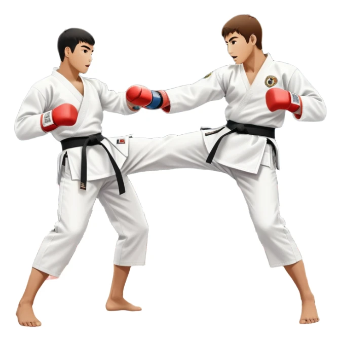 Two taekwondo fighters in traditional white doboks with black belts. One delivers a powerful kick, while the other defends by blocking with his knee. The background shows a professional arena with bright lights and an excited crowd. Transparent background highlights the intense action sticker