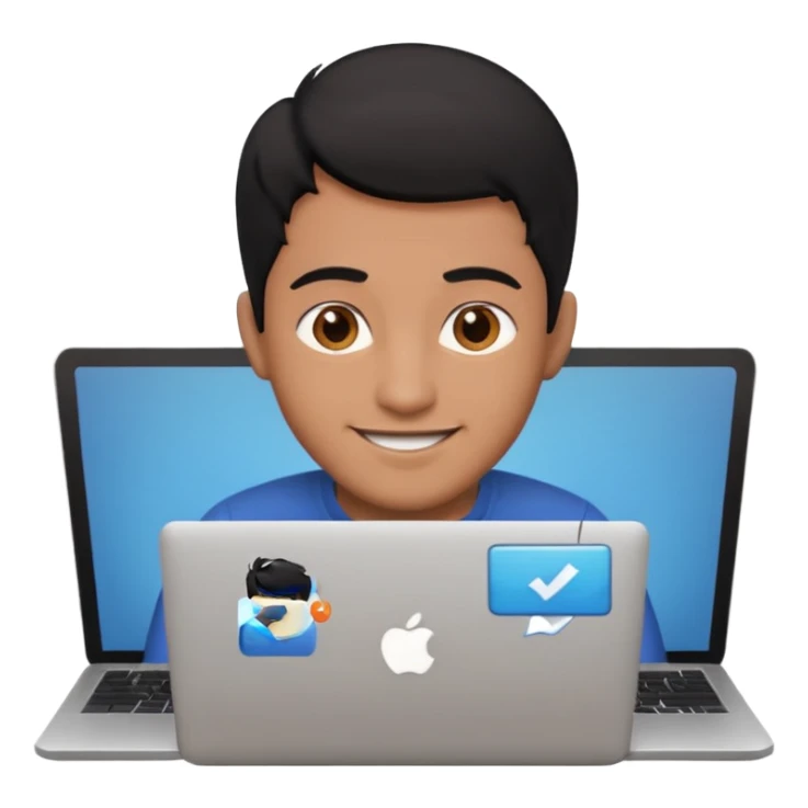 make an emoji of a happy male black hair developer behind laptop sticker