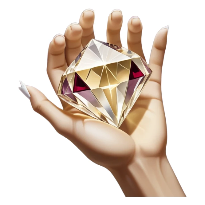 White pov hand outline gripping a shattered diamond prism, light shards projecting luxury items (e.g., perfume, gold bars), deep burgundy (#4A0E27) and onyx (#000000) background with metallic gold (#FFD700) fractures, dramatic chiaroscuro lighting, edgy opulence sticker