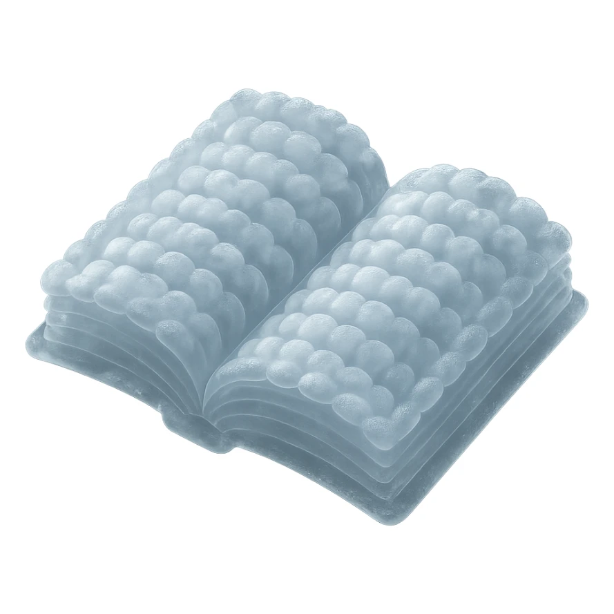 thick open book viewed from above, made entirely of small very bright white fluffy convex clouds, matte glass style sticker