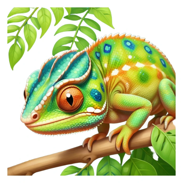 cinematic cute-smiling baby chameleon-realistic emoji,-blending-with-vibrant-greenery.-detailed-scales-in-shifting-colors,-showing-the-chameleon’s-ability-to-camouflage.-soft-natural-light-highlights-its-texture.-nature-background, zoomed into its face sticker