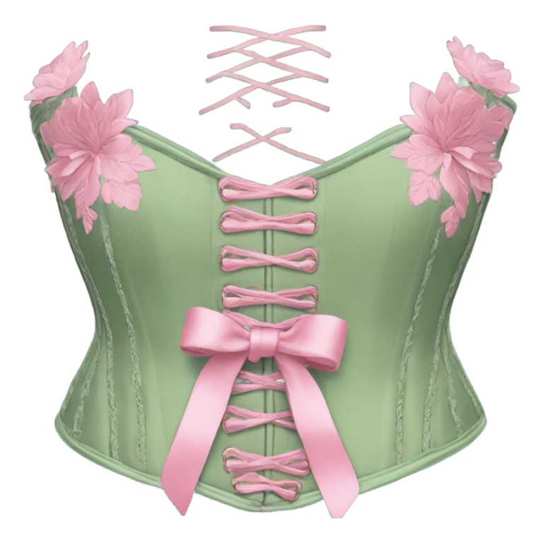 Sage green corset with flower embroidery and pink bows, isolated sticker