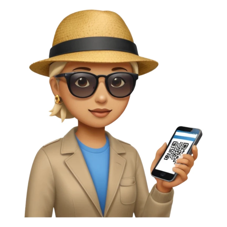 Draw a tourist who is using their phone to scan a QR code on a POS terminal. In the style of Apple emoji sticker