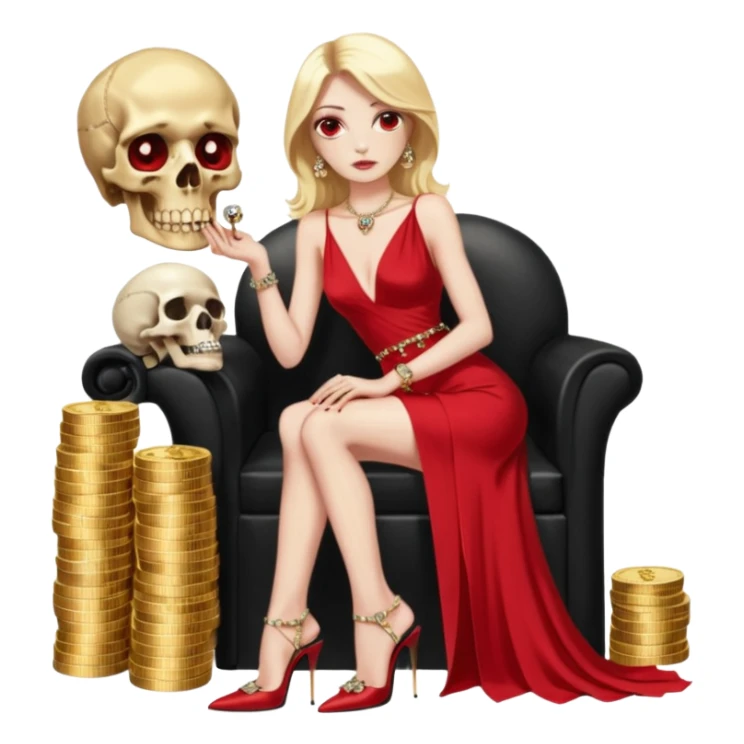 Lilith symbol red eye seductress evil shoulder length blonde haired powerful woman with Gucci  long dress with slit, sitting on of gold and diamonds. Black Platform high heels on feet. seat full of stacks,  dead human skull of her enemies in her other hand sticker