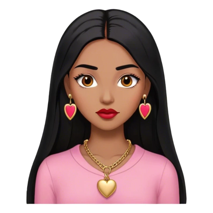 Woman,Medium brown skin,super long black straight hair, medium brown arched eyebrows, full lashes, red nude lips, small stud earrings, gold heart locket, pink shirt sticker