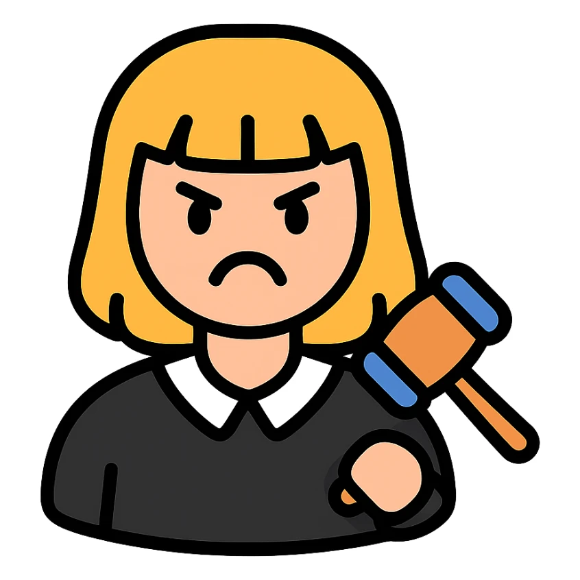 angry judge with blonde shoulder-length hair and bangs sticker