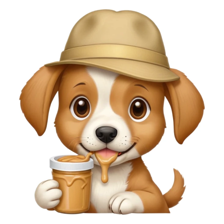 Puppy eating peanut butter with a hat on sticker