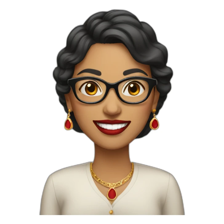 an Indian female with glasses smiling and red lipstick on sticker