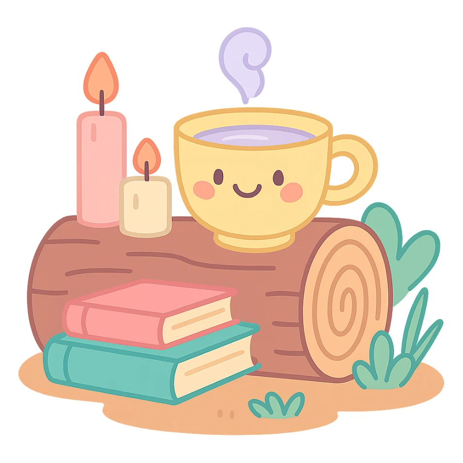 a log with tea, books, and candles, soft forest journaling mood, soft pastel colors, pastel-toon style sticker
