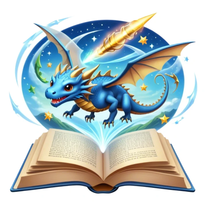 Icon for Fantasy and Sci-Fi Reading: an open book with magical creatures like dragons and fairies flying out, with a futuristic spaceship in the sky and a wizard casting spells. The icon should represent the magic and adventure of fantasy and science fiction worlds. Transparent background. sticker