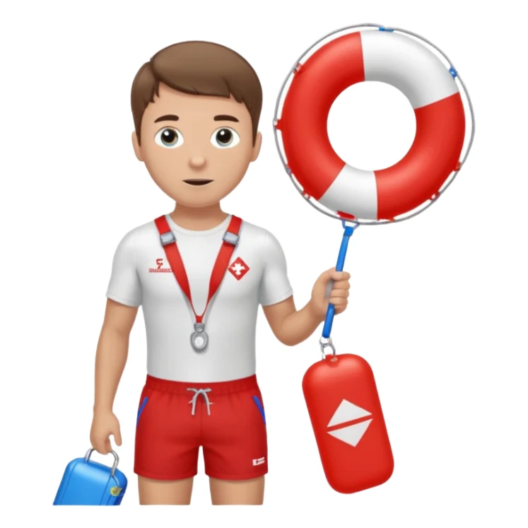 Male lifeguard – red shorts, whistle around neck, holding rescue float. sticker