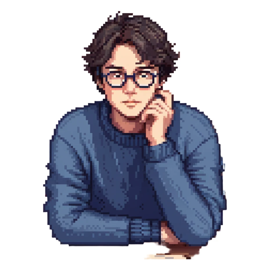 Flat pixel are, calm and curious male thinker, light skin, short tousled dark hair, round glasses, focused expression, wearing an indigo sweater, seated at a desk with open books, one hand resting under his chin in thought, waist-up, front-facing sticker
