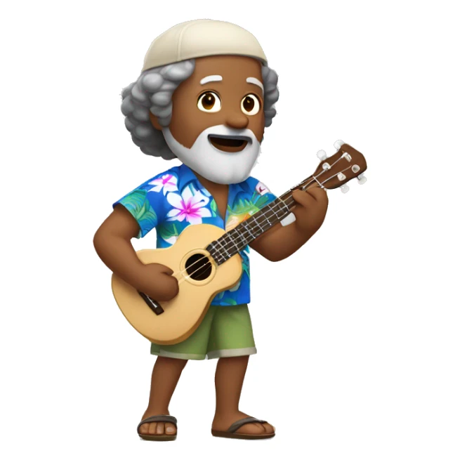dark-skinned native hawaiian man h playing ukulele age 57 with hawaiian shirt shorts beard with cap and hair with a little gray hair, with eastern asian eyes sticker