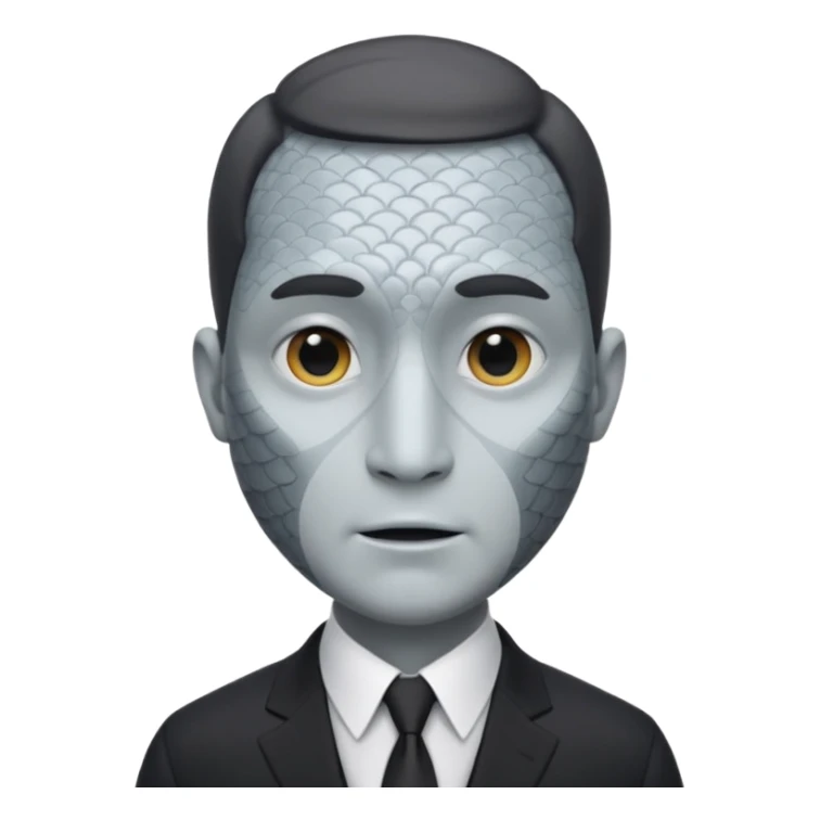 A fish man dressed in a black suit. Its face is grey fish. Just a fish. And The fish is facing upward. The fish’s neck connects smoothly with the collar of the suit. sticker