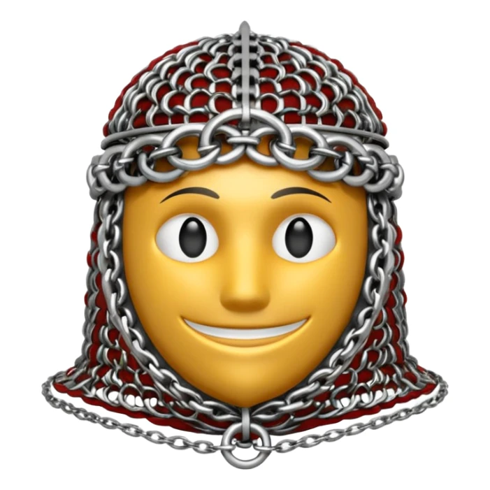 3D render of Medieval Coif, made of interlocking chainmail metal rings, wire mesh texture, visible holes and negative space, metallic silver and grey, high contrast shadows, Apple emoji style, isolated on white background --v 6.0 sticker
