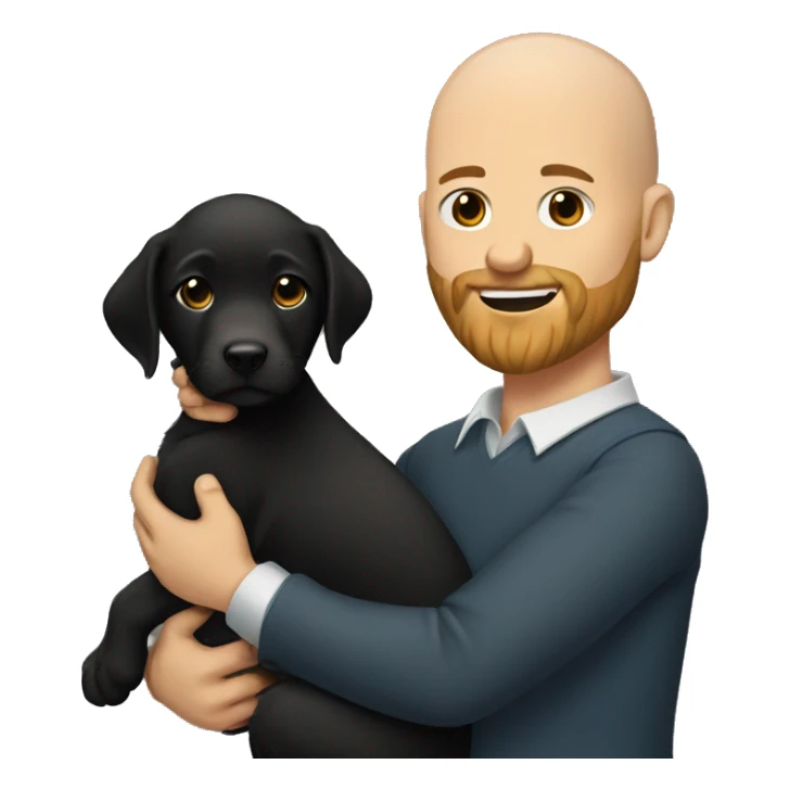 Bald man with beard. Very handsome. Holding black lab puppy.  sticker