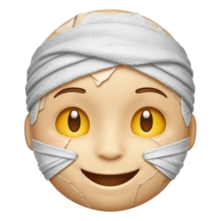 A battered emoji, bandaged head, scratches, but smiling sticker