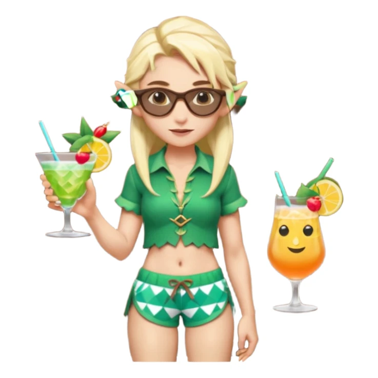 elf female legolas portrait, patterned board shorts (geometric/abstract), unique wooden-framed sunglasses, undercut hairstyle, slight smirk, visible pointy ears, no background, centered emoji, hipster summer vibe coctails  sticker