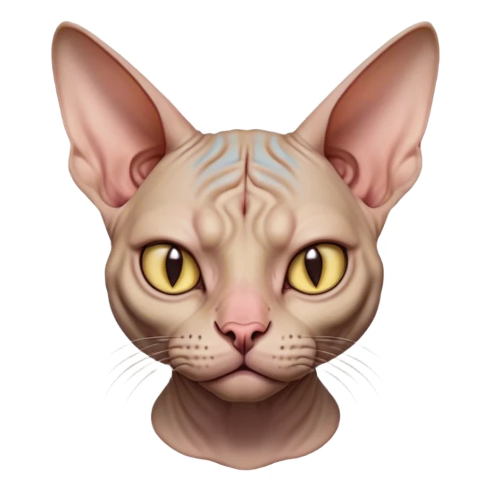 Cinematic Grumpy Sphynx Cat Portrait Emoji, Head tilted slightly with a deeply unimpressed expression, smooth, wrinkled skin with pronounced facial folds giving a permanent look of disapproval, large ears standing tall, piercing eyes narrowed into an unamused glare, Simplified yet comically expressive features, highly detailed, glowing with a dry, sarcastic glow, high shine, effortlessly judgmental yet dignified, stylized with a touch of cynicism, bright but brooding, soft glowing outline, capturing the essence of an eternally unimpressed yet endearing feline, so lifelike it feels like it could sigh heavily at you in disdain at any moment! sticker