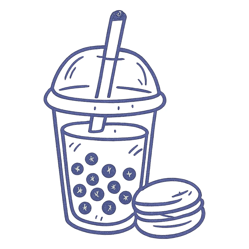 hand-drawn icon of purple boba tea with a macaron on the side, outlined sticker