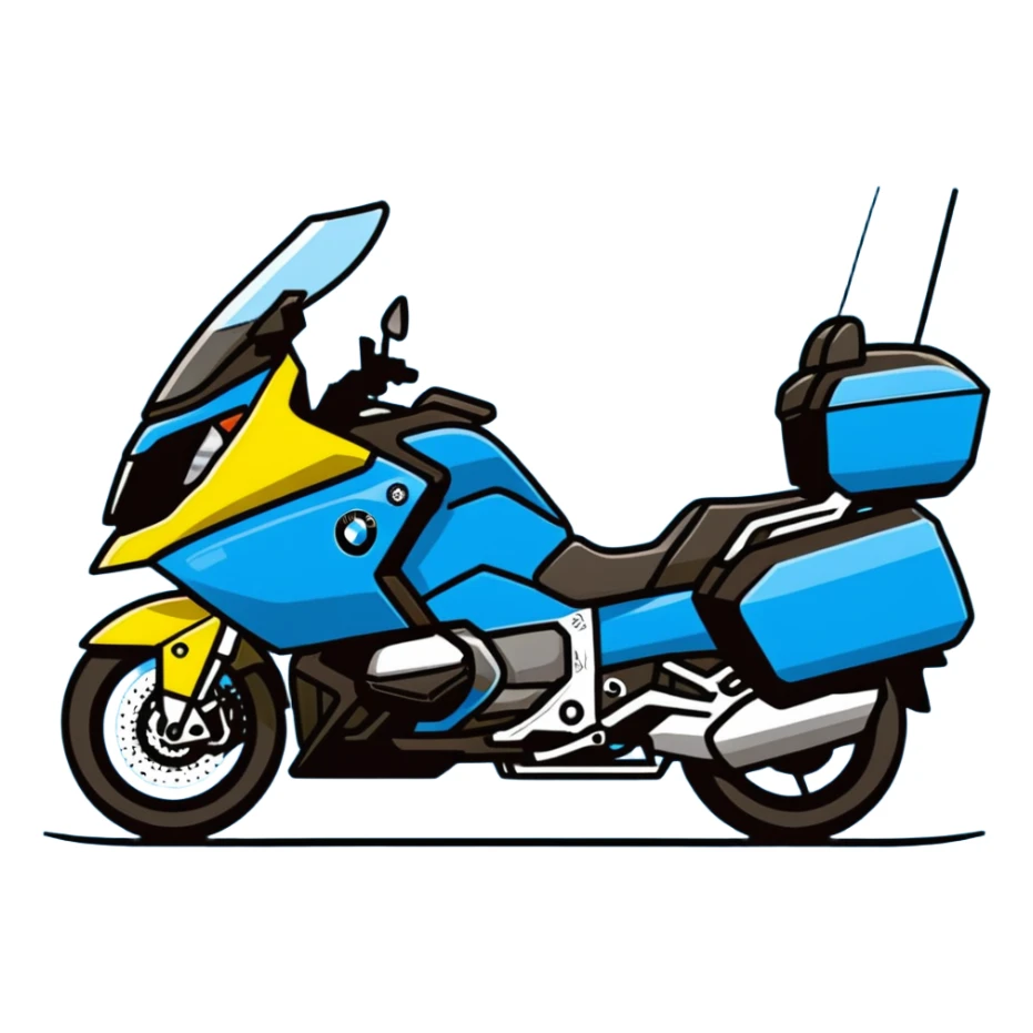 blue BMW RT1200 touring motorcycle with rider sticker