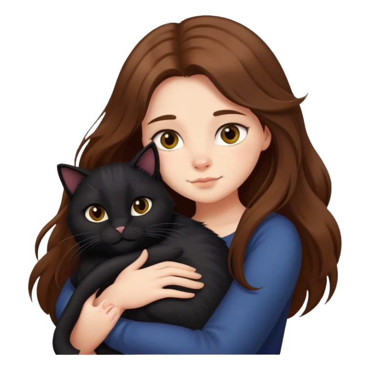 A girl with long brown hair hugs a long-haired fat black cat sticker